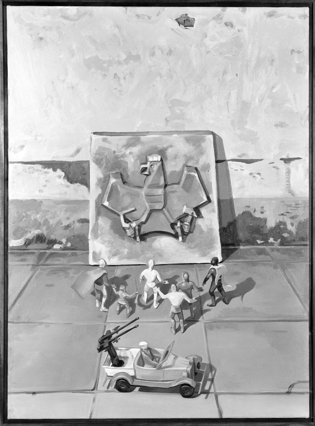 David Saunders. <em>Militarismo</em>, 1985. Oil on canvas, 41 1/4 x 31 in. (104.8 x 78.7 cm). Brooklyn Museum, Gift of Mr. and Mrs. Warren Brandt, 85.287. © artist or artist's estate (Photo: Brooklyn Museum, 85.287_bw.jpg)