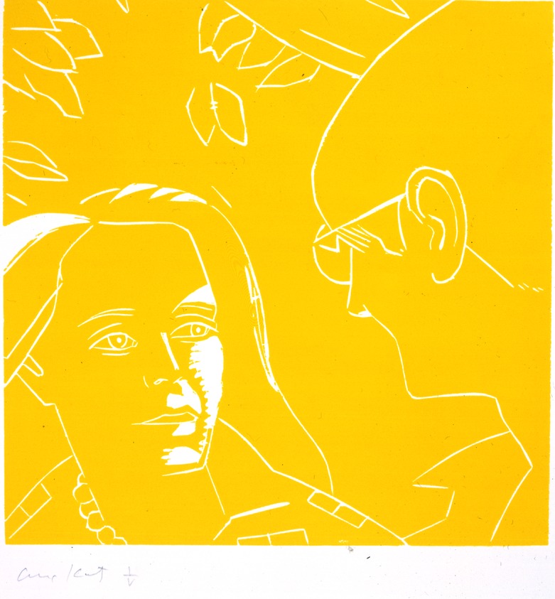 Alex Katz (American, born 1927). <em>Anda, Dino, yellow, woodblock for "A Tremor in the Morning,"</em> 1986. Basswood, 12 x 12 in. (30.5 x 30.5 cm). Brooklyn Museum, Gift of the artist, 86.211.9. © artist or artist's estate (Photo: Brooklyn Museum, 86.211.9_SL4.jpg)