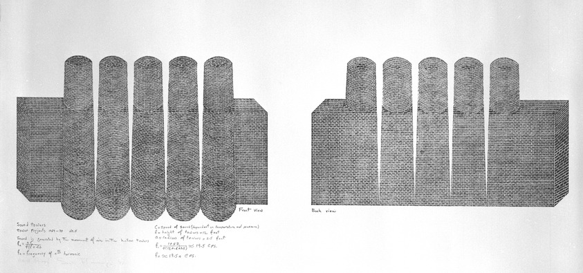 Siah Armajani (American, born Iran, 1939). <em>Sound Towers</em>, 1978. Lithograph on paper, 29 13/16 x 41 1/8 in. (75.7 x 104.5 cm). Brooklyn Museum, Gift of Michael R. Klein, 87.156.2. © artist or artist's estate (Photo: Brooklyn Museum, 87.156.2_bw.jpg)