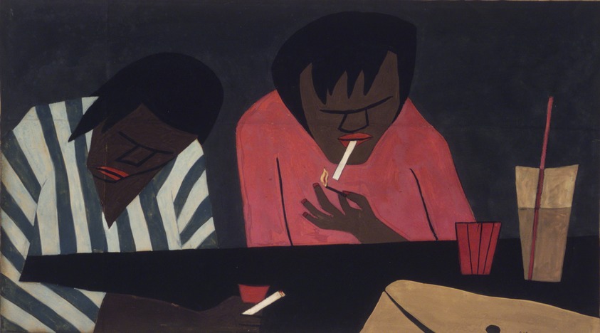 Jacob Lawrence (American, 1917-2000). <em>Two Men in a Bar</em>, 1941. Gouache and graphite (poster paint) on paper, 14 3/4 x 25 in. (37.5 x 63.5 cm). Brooklyn Museum, Gift of Jay Leyda, 87.192. © artist or artist's estate (Photo: Brooklyn Museum, 87.192_transp3224.jpg)