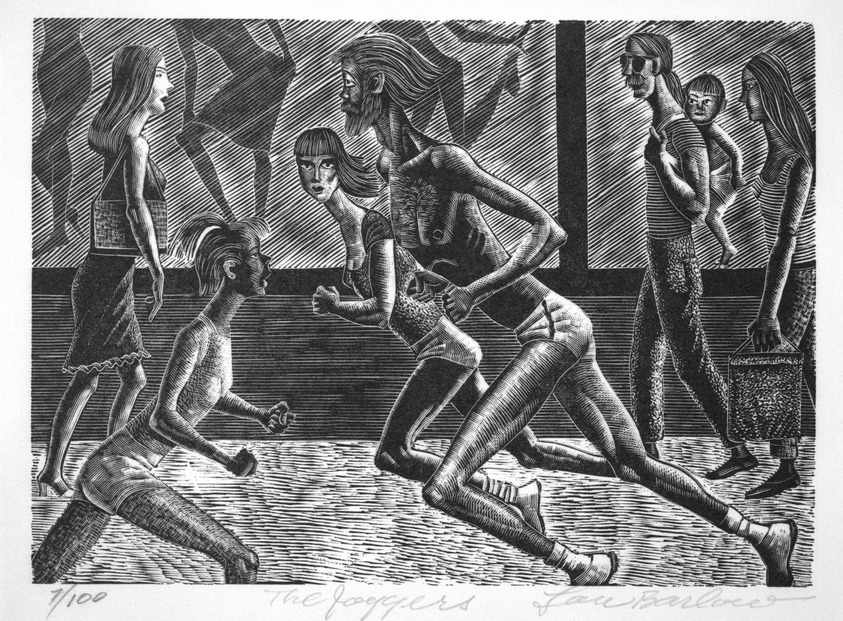Lou Barlow (American, 1908-2011). <em>The Joggers</em>, 1986. Wood engraving on wove paper Brooklyn Museum, Gift of the artist, 87.197.1. © artist or artist's estate (Photo: Brooklyn Museum, 87.197.1_bw.jpg)