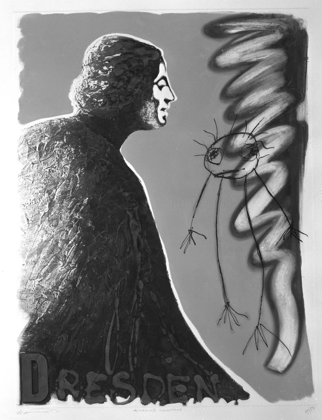 Francesc Torres. <em>Northern Guernica</em>, 1986. Sugarlift aquatint in colors, sheet: 42 1/8 x 31 1/2 in. (107 x 80 cm). Brooklyn Museum, Gift of Lawrence and Carol Zicklin, 87.251.5. © artist or artist's estate (Photo: Brooklyn Museum, 87.251.5_bw.jpg)