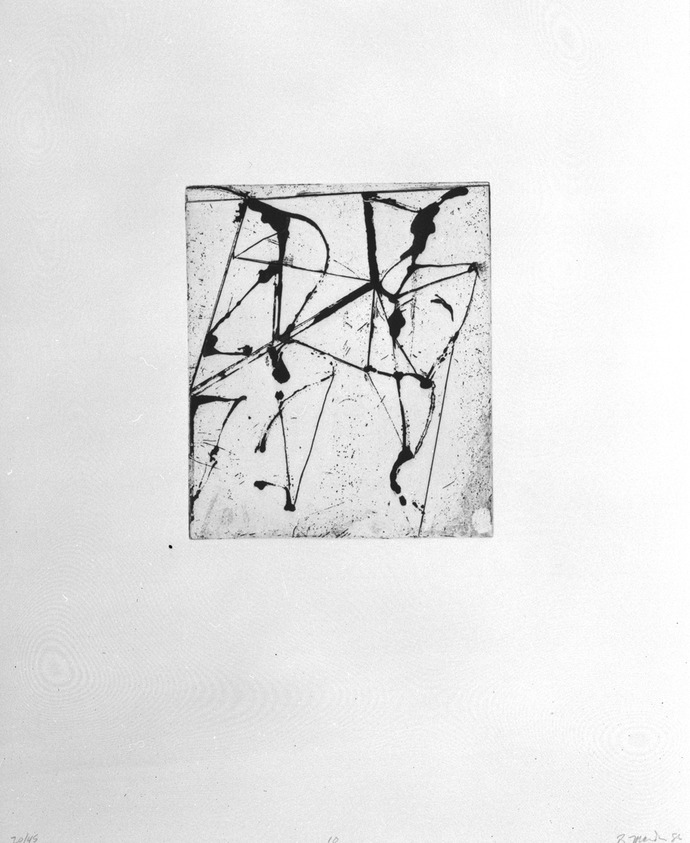 Brice Marden (American, born 1938). <em>Print from "Etchings to Rexroth,"</em> 1986. Sugar lift, aquatint, open bite, drypoint and scraping on paper, sheet: 19 1/2 x 16 in. (49.5 x 40.6 cm). Brooklyn Museum, Purchased with funds given by Henry and Cheryl Welt, 87.54.10. © artist or artist's estate (Photo: Brooklyn Museum, 87.54.10_bw.jpg)