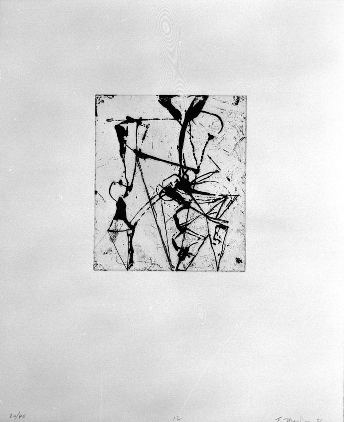 Brice Marden (American, born 1938). <em>Print from "Etchings to Rexroth,"</em> 1986. Sugar lift, aquatint, open bite, drypoint and scraping on paper, sheet: 19 1/2 x 16 in. (49.5 x 40.6 cm). Brooklyn Museum, Purchased with funds given by Henry and Cheryl Welt, 87.54.12. © artist or artist's estate (Photo: Brooklyn Museum, 87.54.12_bw.jpg)