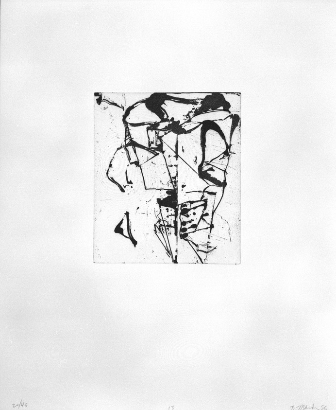 Brice Marden (American, born 1938). <em>Print from "Etchings to Rexroth,"</em> 1986. Sugar lift, aquatint, open bite, drypoint and scraping on paper, sheet: 19 1/2 x 16 in. (49.5 x 40.6 cm). Brooklyn Museum, Purchased with funds given by Henry and Cheryl Welt, 87.54.13. © artist or artist's estate (Photo: Brooklyn Museum, 87.54.13_bw.jpg)