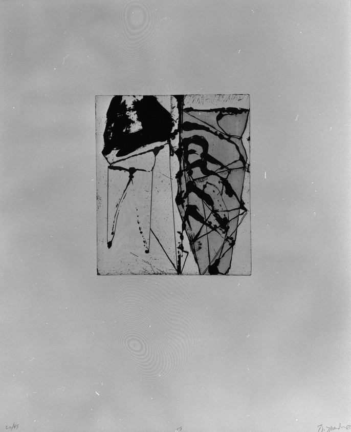 Brice Marden (American, 1938–2023). <em>Print from "Etchings to Rexroth,"</em> 1986. Sugar lift, aquatint, open bite, drypoint and scraping on paper, sheet: 19 1/2 x 16 in. (49.5 x 40.6 cm). Brooklyn Museum, Purchased with funds given by Henry and Cheryl Welt, 87.54.15. © artist or artist's estate (Photo: Brooklyn Museum, 87.54.15_bw.jpg)