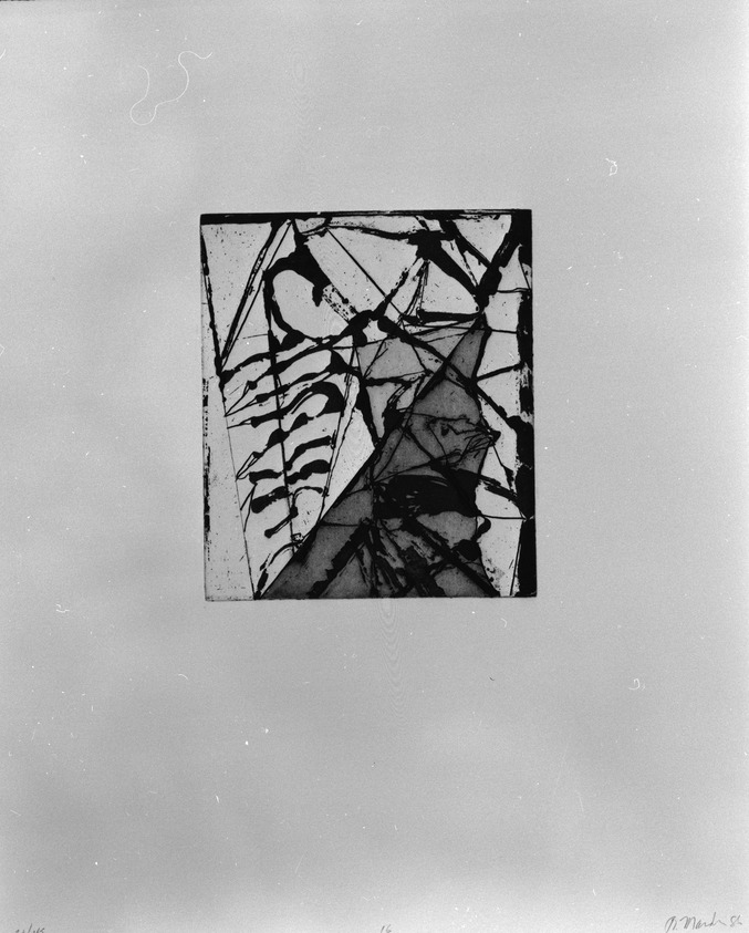Brice Marden (American, 1938–2023). <em>Print from "Etchings to Rexroth,"</em> 1986. Sugar lift, aquatint, open bite, drypoint and scraping on paper, sheet: 19 1/2 x 16 in. (49.5 x 40.6 cm). Brooklyn Museum, Purchased with funds given by Henry and Cheryl Welt, 87.54.16. © artist or artist's estate (Photo: Brooklyn Museum, 87.54.16_bw.jpg)