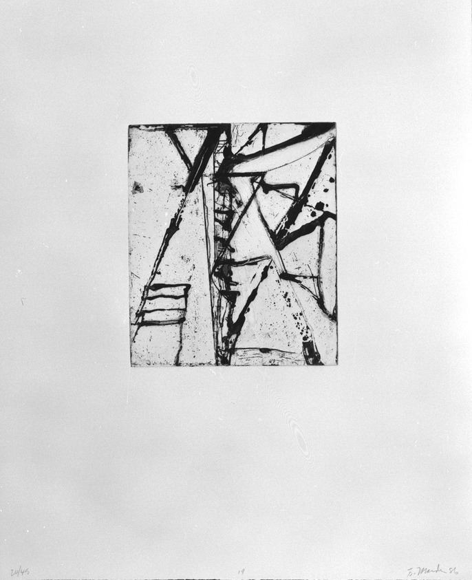 Brice Marden (American, born 1938). <em>Print from "Etchings to Rexroth,"</em> 1986. Sugar lift, aquatint, open bite, drypoint and scraping on paper, sheet: 19 1/2 x 16 in. (49.5 x 40.6 cm). Brooklyn Museum, Purchased with funds given by Henry and Cheryl Welt, 87.54.19. © artist or artist's estate (Photo: Brooklyn Museum, 87.54.19_bw.jpg)