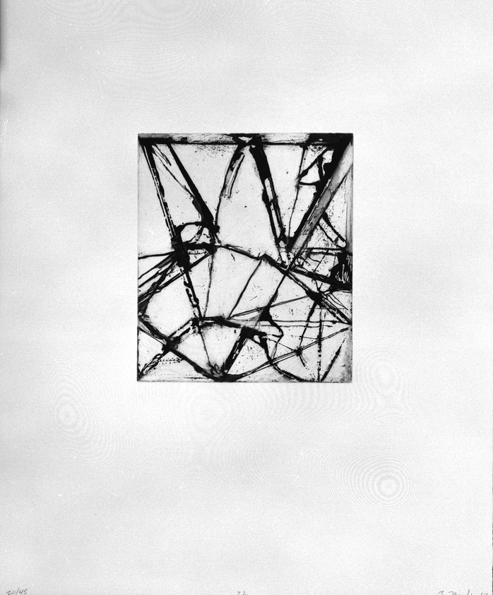 Brice Marden (American, born 1938). <em>Print from "Etchings to Rexroth,"</em> 1986. Sugar lift, aquatint, open bite, drypoint and scraping on paper, sheet: 19 1/2 x 16 in. (49.5 x 40.6 cm). Brooklyn Museum, Purchased with funds given by Henry and Cheryl Welt, 87.54.22. © artist or artist's estate (Photo: Brooklyn Museum, 87.54.22_bw.jpg)