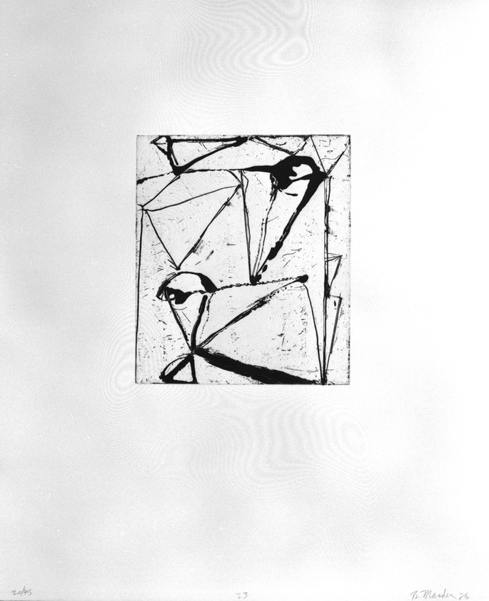 Brice Marden (American, born 1938). <em>Print from "Etchings to Rexroth,"</em> 1986. Sugar lift, aquatint, open bite, drypoint and scraping on paper, sheet: 19 1/2 x 16 in. (49.5 x 40.6 cm). Brooklyn Museum, Purchased with funds given by Henry and Cheryl Welt, 87.54.23. © artist or artist's estate (Photo: Brooklyn Museum, 87.54.23_bw.jpg)