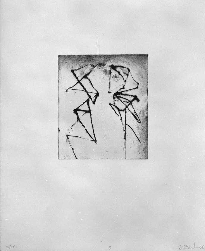 Brice Marden (American, born 1938). <em>Print from "Etchings to Rexroth,"</em> 1986. Sugar lift, aquatint, open bite, drypoint and scraping on paper, sheet: 19 1/2 x 16 in. (49.5 x 40.6 cm). Brooklyn Museum, Purchased with funds given by Henry and Cheryl Welt, 87.54.3. © artist or artist's estate (Photo: Brooklyn Museum, 87.54.3_bw.jpg)
