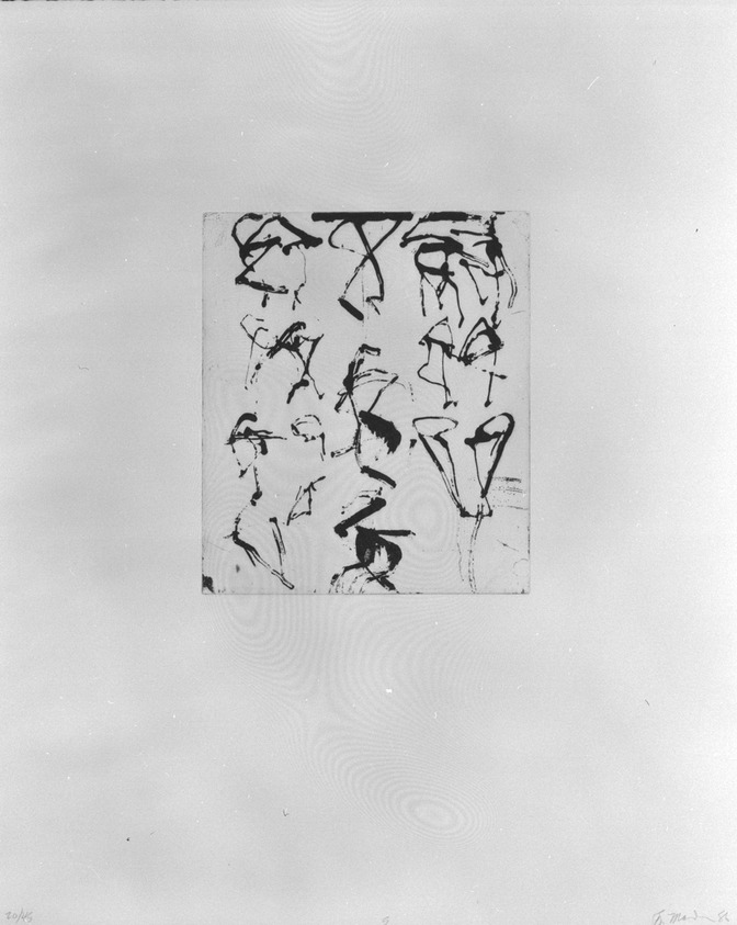 Brice Marden (American, born 1938). <em>Print from "Etchings to Rexroth,"</em> 1986. Sugar lift, aquatint, open bite, drypoint and scraping on paper, sheet: 19 1/2 x 16 in. (49.5 x 40.6 cm). Brooklyn Museum, Purchased with funds given by Henry and Cheryl Welt, 87.54.5. © artist or artist's estate (Photo: Brooklyn Museum, 87.54.5_bw.jpg)