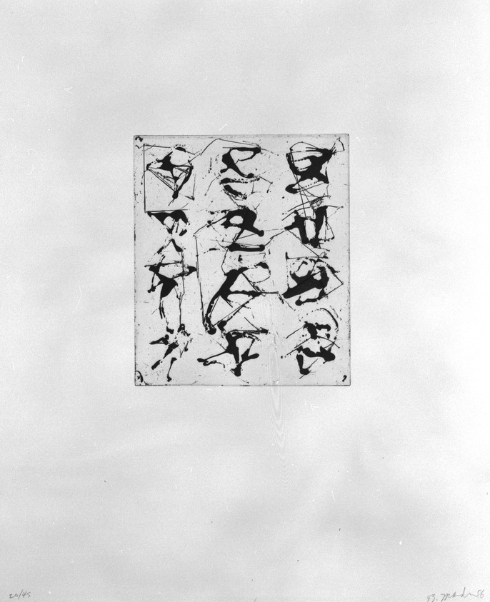 Brice Marden (American, born 1938). <em>Print from "Etchings to Rexroth,"</em> 1986. Sugar lift, aquatint, open bite, drypoint and scraping on paper, sheet: 19 1/2 x 16 in. (49.5 x 40.6 cm). Brooklyn Museum, Purchased with funds given by Henry and Cheryl Welt, 87.54.6. © artist or artist's estate (Photo: Brooklyn Museum, 87.54.6_bw.jpg)