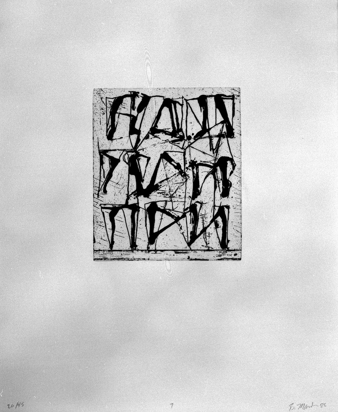 Brice Marden (American, born 1938). <em>Print from "Etchings to Rexroth,"</em> 1986. Sugar lift, aquatint, open bite, drypoint and scraping on paper, sheet: 19 1/2 x 16 in. (49.5 x 40.6 cm). Brooklyn Museum, Purchased with funds given by Henry and Cheryl Welt, 87.54.7. © artist or artist's estate (Photo: Brooklyn Museum, 87.54.7_bw.jpg)