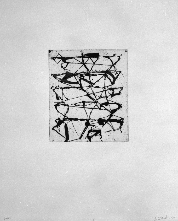 Brice Marden (American, born 1938). <em>Print from "Etchings to Rexroth,"</em> 1986. Sugar lift, aquatint, open bite, drypoint and scraping on paper, sheet: 19 1/2 x 16 in. (49.5 x 40.6 cm). Brooklyn Museum, Purchased with funds given by Henry and Cheryl Welt, 87.54.8. © artist or artist's estate (Photo: Brooklyn Museum, 87.54.8_bw.jpg)