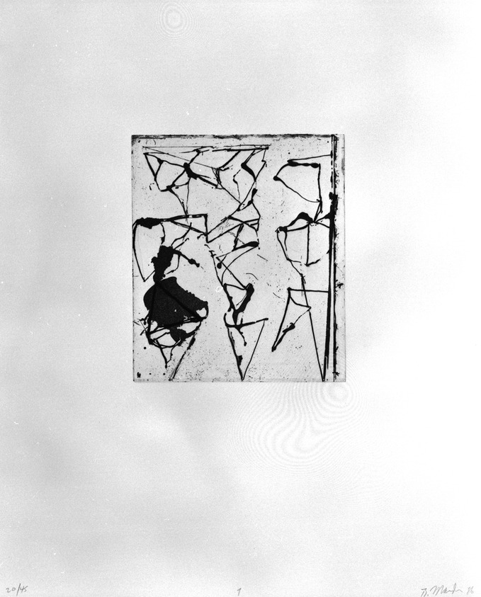 Brice Marden (American, born 1938). <em>Print from "Etchings to Rexroth,"</em> 1986. Sugar lift, aquatint, open bite, drypoint and scraping on paper, sheet: 19 1/2 x 16 in. (49.5 x 40.6 cm). Brooklyn Museum, Purchased with funds given by Henry and Cheryl Welt, 87.54.9. © artist or artist's estate (Photo: Brooklyn Museum, 87.54.9_bw.jpg)