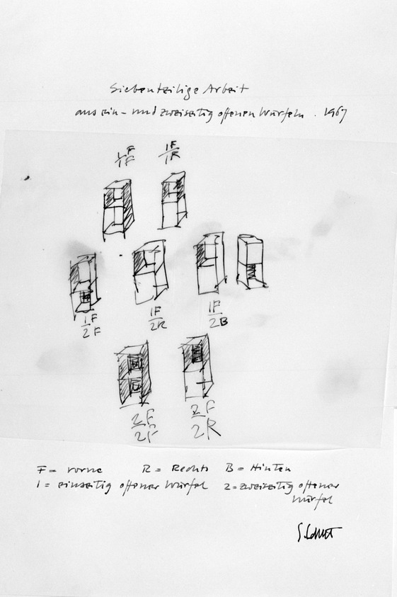 Sol LeWitt (American, 1928-2007). <em>Untitled (Working Drawing for Three-Part Variations on Three Different Kinds of Cubes)</em>, 1967. India ink on paper, 13 3/4 x 10 1/2 in. (34.9 x 26.7 cm). Brooklyn Museum, Anonymous gift, 88.170.14. © artist or artist's estate (Photo: Brooklyn Museum, 88.170.14_bw.jpg)