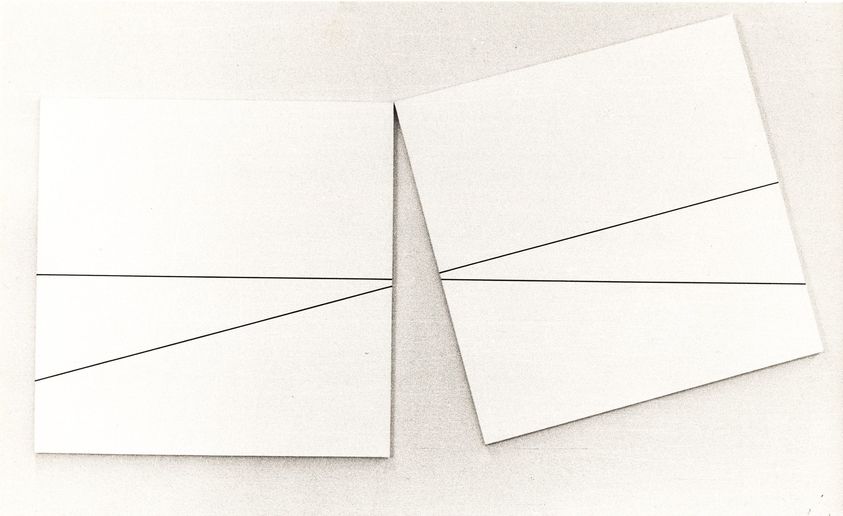 Francois Morellet (French, 1926-2016). <em>On a Square 0-90 and a Square 15-105 (Sur un carre 0-90 et un carre 15-105)</em>, 1976. Acrylic on canvas, a: 39 3/8 × 39 3/8 in. (100 × 100 cm). Brooklyn Museum, Gift of Owain Hughes, 1991.149a-b. © artist or artist's estate (Photo: Brooklyn Museum, CUR.1991.149a-b_installation.jpg)