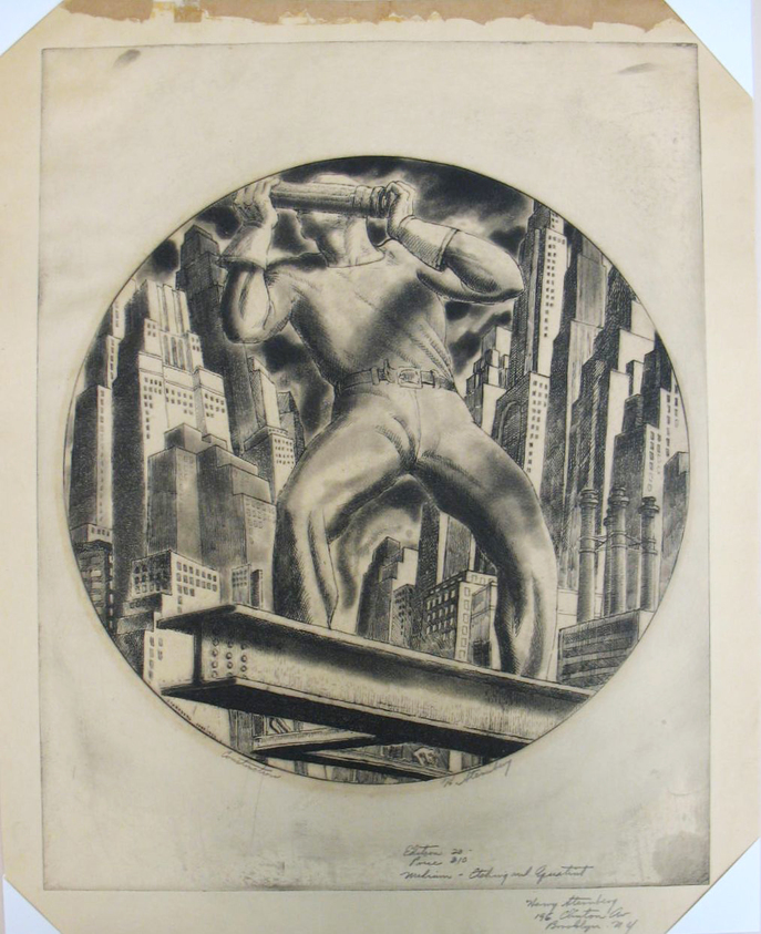 Harry Sternberg (American, 1904–2001). <em>Construction</em>, 1932. Etching and aquatint on wove paper, Image (Round central image, diameter): 10 1/8 in. (25.7 cm). Brooklyn Museum, Gift of Samuel and Linda Kramer, 1992.121. © artist or artist's estate (Photo: Brooklyn Museum, CUR.1992.121.jpg)