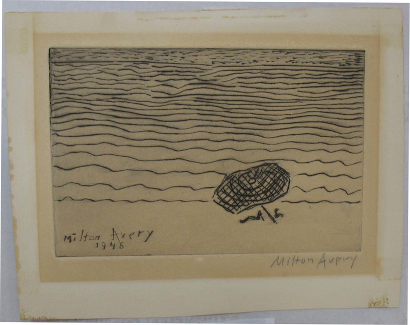Milton Avery (American, 1885-1965). <em>Umbrella by the Sea</em>, 1948. Etching on white wove paper, Image: 4 3/4 x 7 5/16 in. (12 x 18.5 cm). Brooklyn Museum, Bequest of Ivor Green and Augusta Green, 1992.273.5. © artist or artist's estate (Photo: Brooklyn Museum, CUR.1992.273.5.jpg)