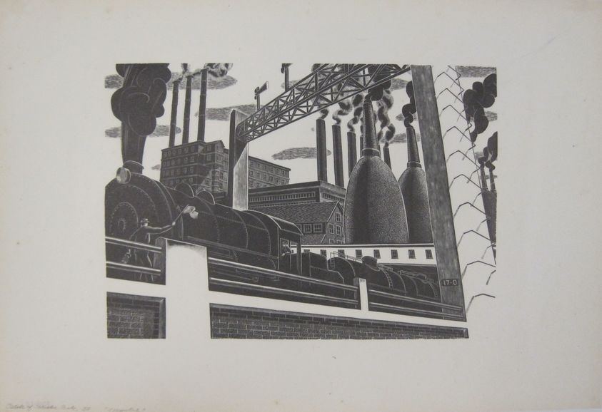 Salvatore Pinto (American, 1905-1966). <em>Locomotive</em>, ca. 1935. Wood engraving on laid paper, Image: 6 15/16 x 9 7/8 in. (17.6 x 25.1 cm). Brooklyn Museum, Emily Winthrop Miles Fund, 1993.133.1. © artist or artist's estate (Photo: Brooklyn Museum, CUR.1993.133.1.jpg)