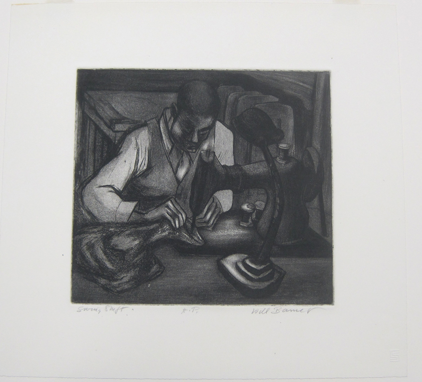 Will Barnet (American, 1911–2012). <em>Swing Shift</em>, 1937. Etching and aquatint on cream wove paper, sheet: 15 13/16 x 16 13/16 in. (40.3 x 42.7 cm). Brooklyn Museum, Alfred T. White Fund, 1996.12.1. © artist or artist's estate (Photo: Brooklyn Museum, CUR.1996.12.1.jpg)