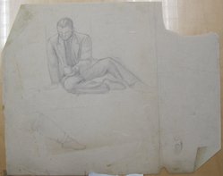 James Brooks (American, 1906-1992). <em>[Untitled] (Seated Male with a Mug)</em>, n.d. Graphite on paper, Sheet: 18 13/16 x 23 13/16 in. (47.8 x 60.5 cm). Brooklyn Museum, Gift of Charlotte Park Brooks in memory of her husband, James David Brooks, 1996.54.107. © artist or artist's estate (Photo: Brooklyn Museum, CUR.1996.54.107.jpg)