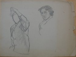 James Brooks (American, 1906-1992). <em>[Untitled] (Female Head and Torso Holding a Test Tube)</em>, n.d. Graphite on paper, Sheet: 16 x 21 in. (40.6 x 53.3 cm). Brooklyn Museum, Gift of Charlotte Park Brooks in memory of her husband, James David Brooks, 1996.54.130. © artist or artist's estate (Photo: Brooklyn Museum, CUR.1996.54.130.jpg)