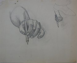 James Brooks (American, 1906-1992). <em>[Untitled] (One Foot and Two Hands with Writing Utensils)</em>, n.d. Charcoal on paper, Sheet: 13 15/16 x 16 15/16 in. (35.4 x 43 cm). Brooklyn Museum, Gift of Charlotte Park Brooks in memory of her husband, James David Brooks, 1996.54.136. © artist or artist's estate (Photo: Brooklyn Museum, CUR.1996.54.136.jpg)