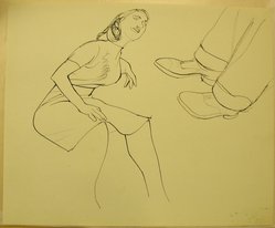 James Brooks (American, 1906-1992). <em>[Untitled] (Woman Seated and Man's Legs)</em>, n.d. Ink on paper, Sheet: 13 15/16 x 16 15/16 in. (35.4 x 43 cm). Brooklyn Museum, Gift of Charlotte Park Brooks in memory of her husband, James David Brooks, 1996.54.166. © artist or artist's estate (Photo: Brooklyn Museum, CUR.1996.54.166.jpg)