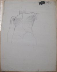 James Brooks (American, 1906-1992). <em>[Untitled] (Partially Clothed Figure in Down Vest)</em>, n.d. Charcoal and graphite on paper, Sheet: 23 15/16 x 18 13/16 in. (60.8 x 47.8 cm). Brooklyn Museum, Gift of Charlotte Park Brooks in memory of her husband, James David Brooks, 1996.54.230. © artist or artist's estate (Photo: Brooklyn Museum, CUR.1996.54.230.jpg)
