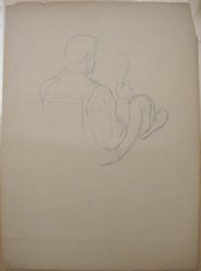 James Brooks (American, 1906-1992). <em>[Untitled] (Seated Male Figure Reading as Seen from Behind)</em>, n.d. Graphite on paper, Sheet: 19 7/16 x 14 3/16 in. (49.4 x 36 cm). Brooklyn Museum, Gift of Charlotte Park Brooks in memory of her husband, James David Brooks, 1996.54.232. © artist or artist's estate (Photo: Brooklyn Museum, CUR.1996.54.232.jpg)