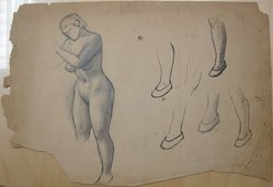 James Brooks (American, 1906-1992). <em>[Untitled] (Nude Female Figure and Five Slippered Feet)</em>, n.d. Ink and graphite on paper, Sheet (irregular): 16 3/16 x 23 7/8 in. (41.1 x 60.6 cm). Brooklyn Museum, Gift of Charlotte Park Brooks in memory of her husband, James David Brooks, 1996.54.233. © artist or artist's estate (Photo: Brooklyn Museum, CUR.1996.54.233.jpg)