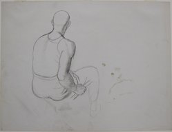 James Brooks (American, 1906-1992). <em>[Untitled] (Seated Man as Seen from Behind)</em>, n.d. Graphite and black crayon(?)  on paper, Sheet: 16 x 21 in. (40.6 x 53.3 cm). Brooklyn Museum, Gift of Charlotte Park Brooks in memory of her husband, James David Brooks, 1996.54.9. © artist or artist's estate (Photo: Brooklyn Museum, CUR.1996.54.9.jpg)