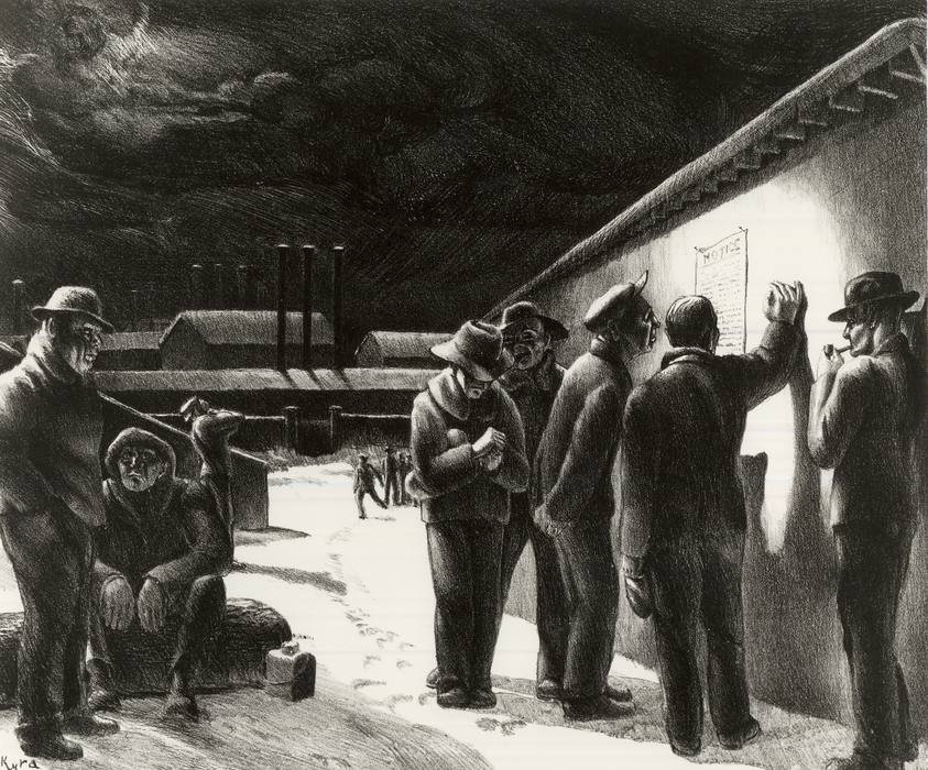Kyra Markham (American, 1891–1967). <em>Lockout</em>, 1937. Lithograph on moderately thick, cream-colored , textured wove paper, Sheet: 11 7/8 x 15 15/16 in. (30.2 x 40.5 cm). Brooklyn Museum, Alfred T. White Fund, 1997.39. © artist or artist's estate (Photo: Brooklyn Museum, CUR.1997.39.jpg)