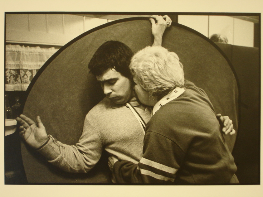 Rosalie Winard. <em>David Razzaia with His Mother Attempting an Embrace, from the Born Electrical Series</em>, 1995. Gelatin silver print, image: 7 3/4 x 11 1/2 in. (19.7 x 29.3 cm). Brooklyn Museum, Gift of Mary McClean, 1997.98.2. © artist or artist's estate (Photo: Brooklyn Museum, CUR.1997.98.2.jpg)