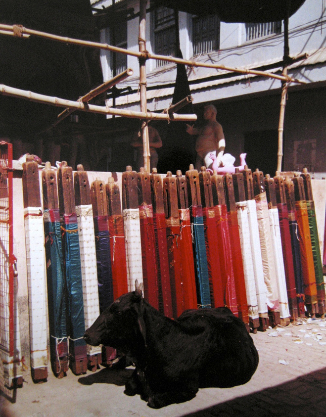 Rebecca Weinstein. <em>Cow and Silk, Benares</em>, 1997. Chromogenic photograph on Kodak Professional paper, Image: 17 x 13 1/2 in. (43.2 x 34.2 cm). Brooklyn Museum, Purchased with funds given by the Horace W. Goldsmith Foundation, Karen B. Cohen, Ardian Gill, and Dr. Joel E. Hershey, 1998.117.1. © artist or artist's estate (Photo: Image courtesy of the artist, CUR.1998.117.1_artist_photograph.jpg)