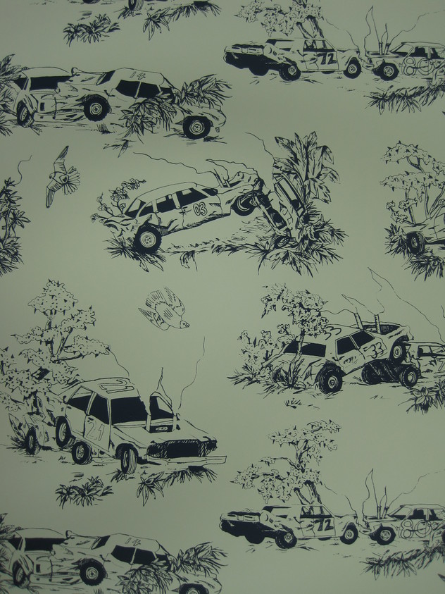 Brian Kaspr and Payton Cosell Turner. <em>Wallpaper "Toile de Derby" Pattern</em>, designed 2010. Printed paper, a: 24 5/8 x 30 1/8 in. (62.5 x 76.5 cm). Brooklyn Museum, Gift of Flat Vernacular, 2012.64.1a-e. © artist or artist's estate (Photo: Brooklyn Museum, CUR.2012.64.1a-b.jpg)
