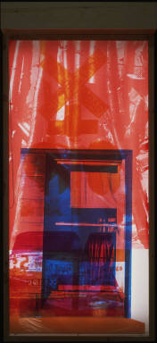 Robert Rauschenberg (American, 1925-2008). <em>Sling-Shots Lit #4</em>, 1984-1985. Lithograph, screen print and assemblage with sailcloth, Mylar, wooden light box, fluorescent light fixture, aluminum, and moveable window shade system and Plexiglass bars, 84 1/2 x 39 x 12 1/2 in. (214.6 x 99.1 x 31.8 cm). Brooklyn Museum, Gift of Ruth Shack in memory of Richard Shack, 2012.95. © artist or artist's estate (Photo: Courtesy of the artists gallery, CUR.2012.95_gallery_photo.jpg)