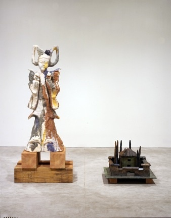 Anne Chu (American, 1959-2016). <em>House with Bamboo Trees and Court Lady</em>, 1999. Bronze, ceramic, wood, Ceramic and wood: 55 3/4 x 19 3/4 x 13 1/4 in. (141.6 x 50.2 x 33.7 cm). Brooklyn Museum, Gift of Sue Stoffel, 2013.32a-b. © artist or artist's estate (Photo: Courtesy of the artists gallery, CUR.2013.32a-b_gallery_photo.jpg)