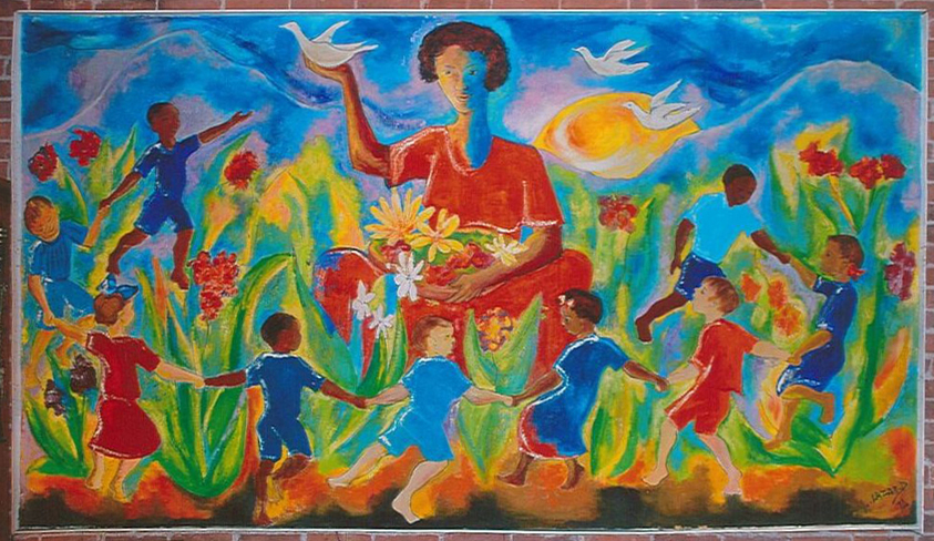 Luckner Lazard (Haitian, 1928–1998). <em>Mother of Spring</em>, 1972. Acrylic on canvas, 61 3/4 × 100 1/4 × 3 in. (156.8 × 254.6 × 7.6 cm). Brooklyn Museum, Gift of Vivian D. Hewitt, 2014.111.6. © artist or artist's estate (Photo: Image courtesy of Vivian Hewitt, CUR.2014.111.6_Vivian_Hewitt_photograph.jpg)