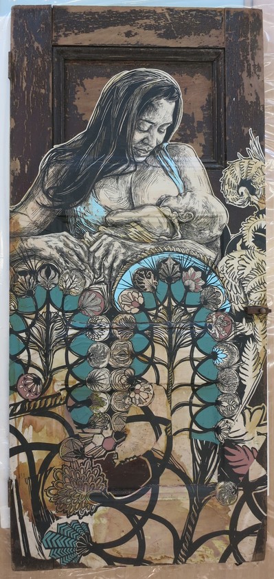 Swoon (American, born 1977). <em>Dawn and Gemma</em>, 2014. Wood, paper, paint, 52 x 23 3/4 x 1 in. (132.1 x 60.3 x 2.5 cm). Brooklyn Museum, Gift of the artist, 2015.58. © artist or artist's estate (Photo: Brooklyn Museum, CUR.2015.58.jpg)