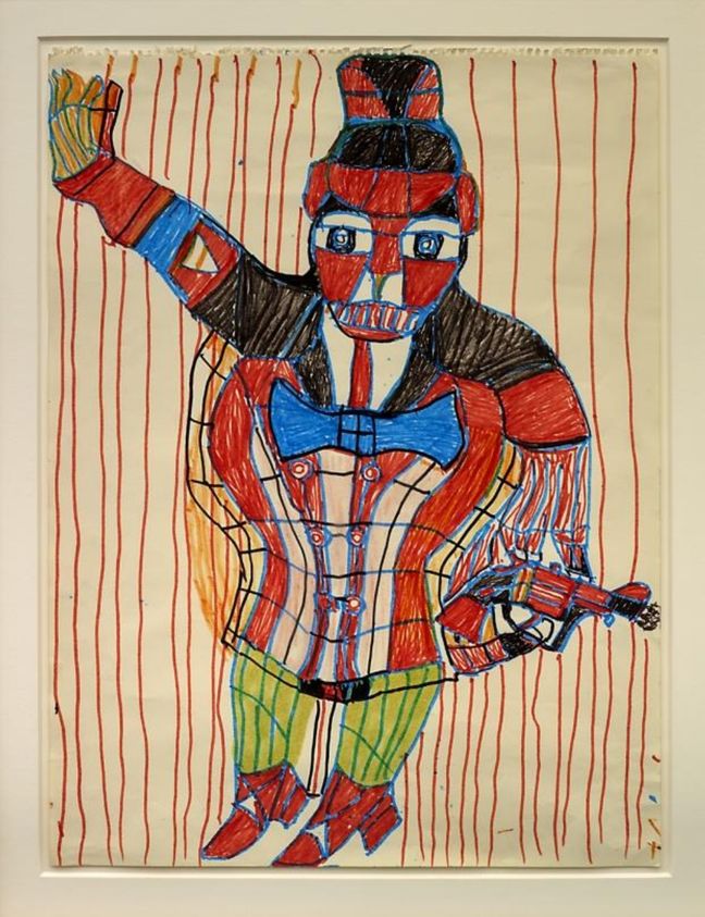 Henry Speller (American, 1900–1997). <em>Man with Gun</em>, 1988. Marker on paper, 24 × 18 in. (61.0 × 45.7 cm). Brooklyn Museum, Gift of the Souls Grown Deep Foundation from the William S. Arnett Collection, 2018, 2018.28.3. © artist or artist's estate (Photo: , CUR.2018.28.3.jpg)