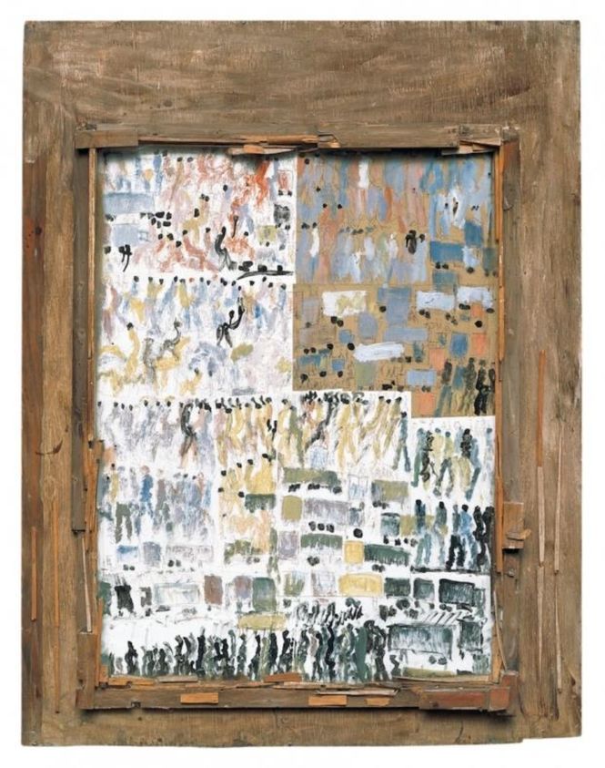 Purvis Young (American, 1943-2010). <em>Trucks (What I See)</em>, late 1970s. Plywood, found glass pane, found wood scraps, nails, glue(s),
paperboard, ink, paint, 62 × 48 1/4 × 3 in., 82 lb. (157.5 × 122.6 × 7.6 cm, 37.19kg). Brooklyn Museum, Gift of the Souls Grown Deep Foundation from the William S. Arnett Collection, 2018, 2018.28.8. © artist or artist's estate (Photo: , CUR.2018.28.8.jpg)