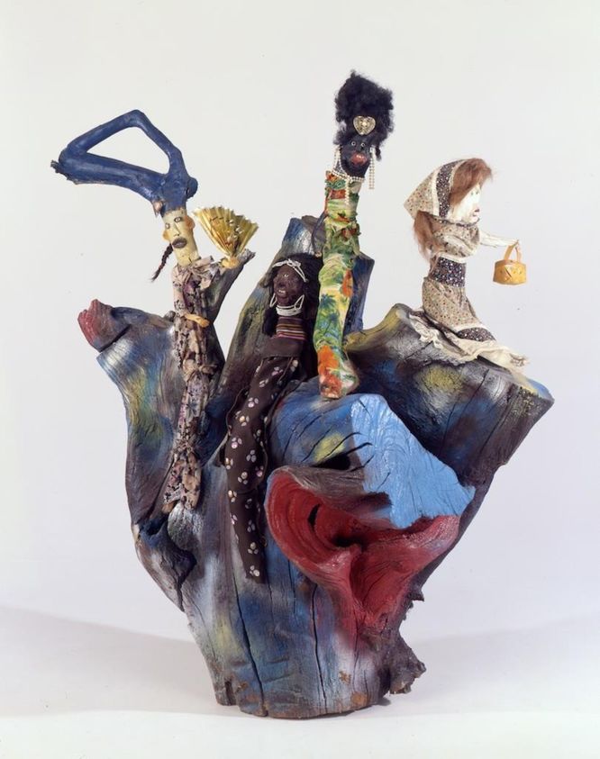 Bessie Harvey (American, 1929-1994). <em>God's Gift to Man</em>, 1987. Wood, Paint, Textile, Paper, Plastics, Hair, Metal, 47 × 48 × 26 in., 218 lb. (119.4 × 121.9 × 66 cm, 98.88kg). Brooklyn Museum, Gift of the Souls Grown Deep Foundation from the William S. Arnett Collection, 2018, 2018.37.5. © artist or artist's estate (Photo: , CUR.2018.37.5.jpg)