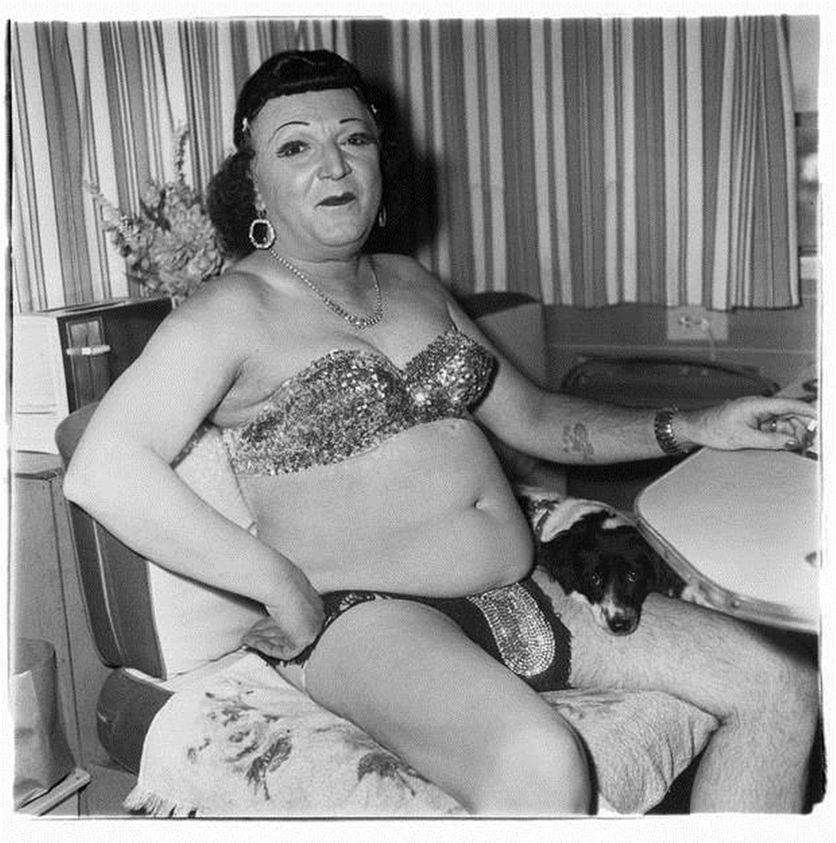 Diane Arbus (American, 1923-1971). <em>Hermaphrodite and a Dog in a Carnival Trailer, Md.</em>. Gelatin silver photograph, sheet: 19 7/8 × 16 in. (50.5 × 40.6 cm). Brooklyn Museum, Gift of Jeffrey Fraenkel & Frish Brandt, 2018.65.3. © artist or artist's estate (Photo: Image courtesy the artist, CUR.2018.65.3_DianeArbus_photograph.jpg)
