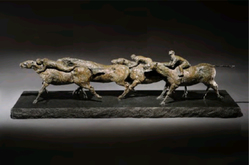 Immi Storrs (American, born 1945). <em>Four Horses, Three Riders</em>, n.d. Copper alloy, stone, 11 × 42 in. (27.9 × 106.7 cm). Brooklyn Museum, Gift of the Carroll Family Collection, 2021.51. © artist or artist's estate (Photo: , CUR.2021.51_view01.jpg)