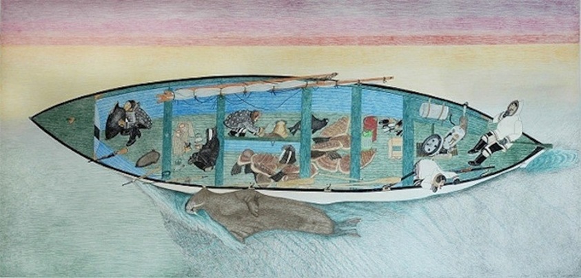Kananginak Pootoogook (Canadian, Inuit, 1935–2010). <em>Untitled (Successful Walrus Hunt)</em>, 2009. Colored pencil, ink, paper, framed: 55 1/2 × 103 1/2 in., 97 lb. (141 × 262.9 cm, 44kg). Brooklyn Museum, Gift of Edward J. Guarino from the Edward J. Guarino Collection in honor of Edgar and Josephine Guarino, 2023.55. © artist or artist's estate (Photo: Brooklyn Museum, CUR.2023.55.jpg)