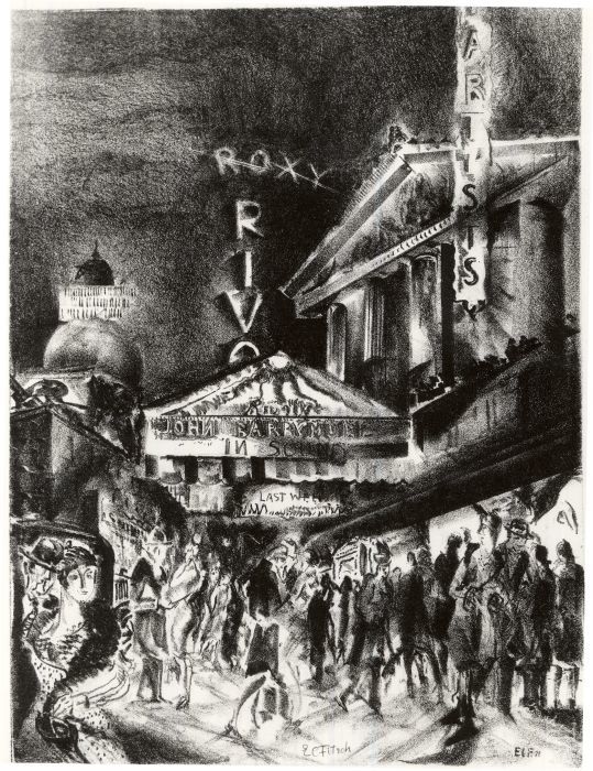 Eugene C. Fitsch (American, 1892–1972). <em>Broadway Night</em>, 1928. Lithograph on white laid paper, Image: 13 9/16 x 10 1/16 in. (34.4 x 25.6 cm). Brooklyn Museum, Gift of the artist, 28.427. © artist or artist's estate (Photo: Brooklyn Museum, CUR.28.427.jpg)