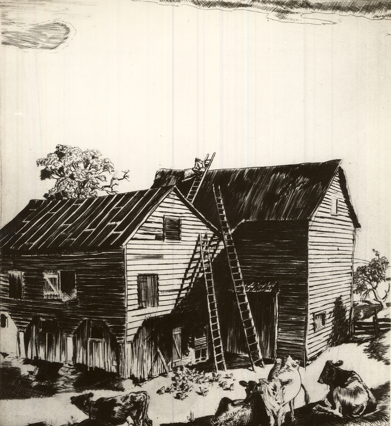 Orville Houghton Peets (American, 1884–1964). <em>Mending His Roof</em>, 20th century. Line engraving on white laid paper, Plate: 8 1/8 x 7 5/16 in. (20.6 x 18.6 cm). Brooklyn Museum, Museum Collection Fund, 35.835. © artist or artist's estate (Photo: Brooklyn Museum, CUR.35.835.jpg)